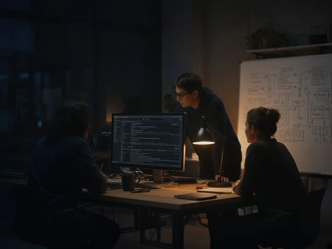 Engineers working together at night around a monitor and a whiteboard of system diagrams