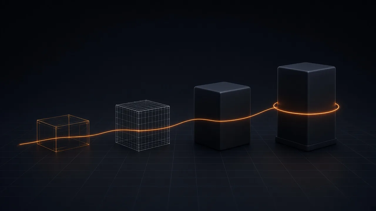 Four dark blocks progressing from wireframe to solid, linked by an amber line