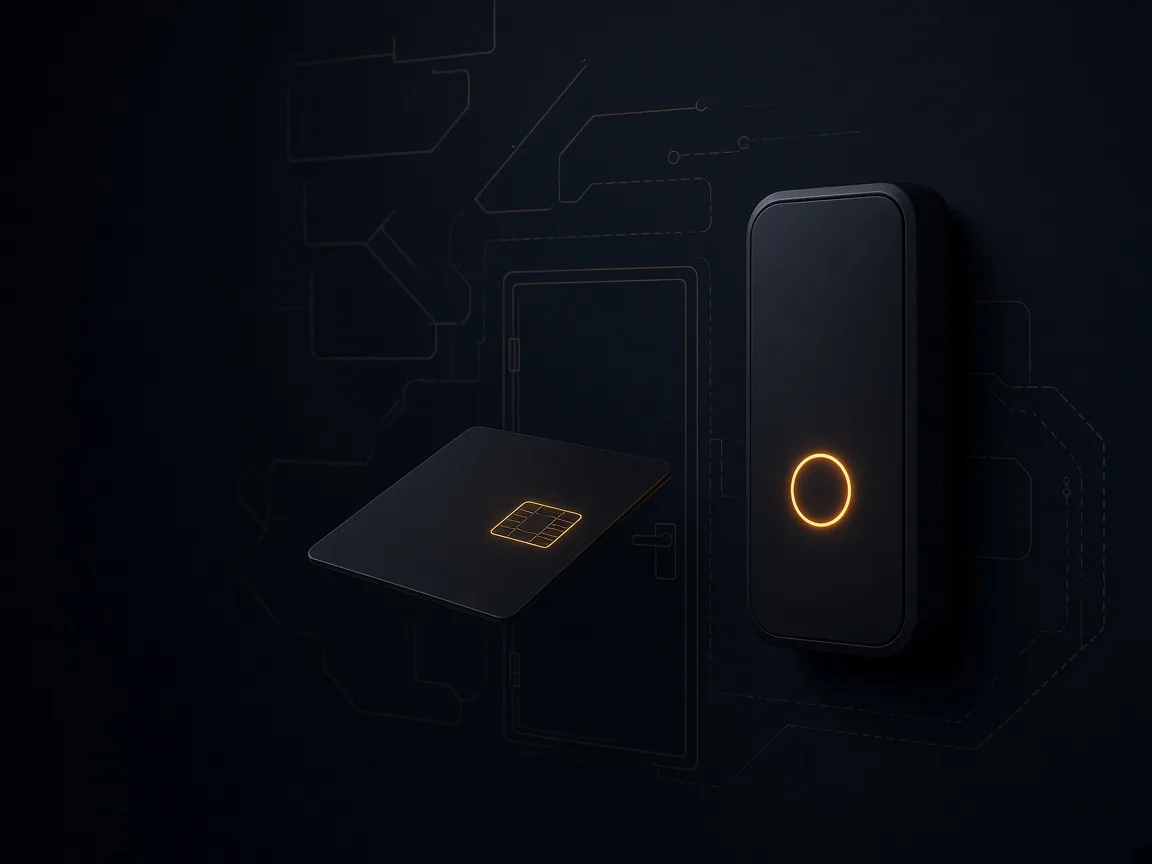 Matte-black badge reader with an amber status ring and an access card