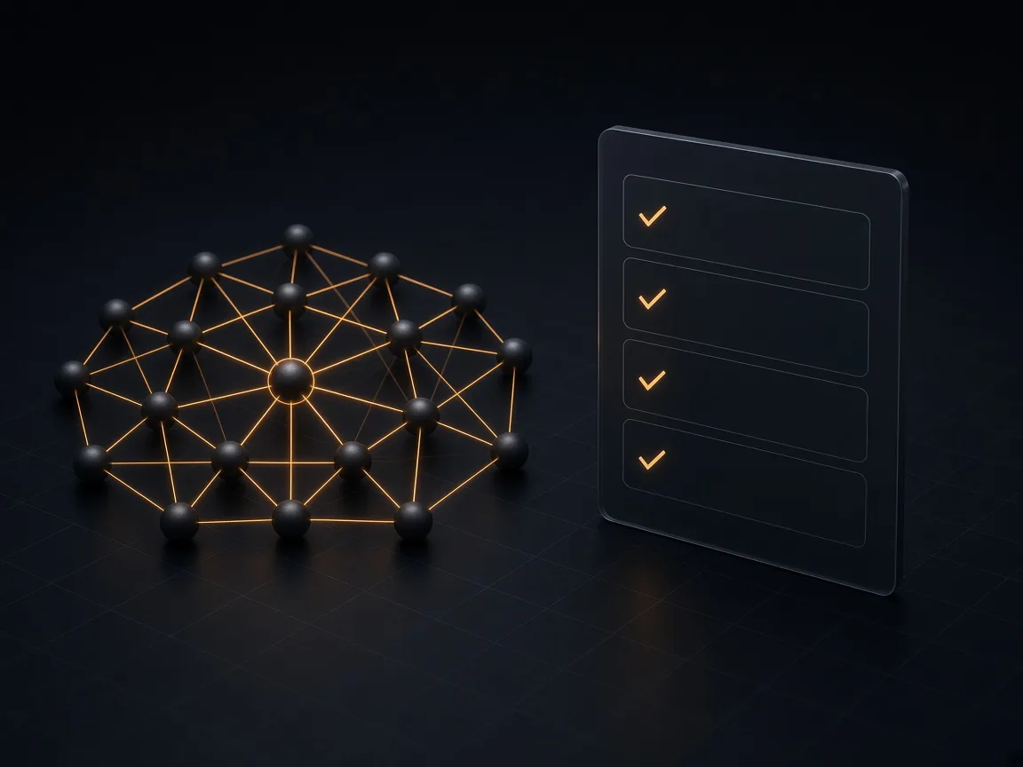 Lattice of connected nodes beside a glass panel with amber check marks