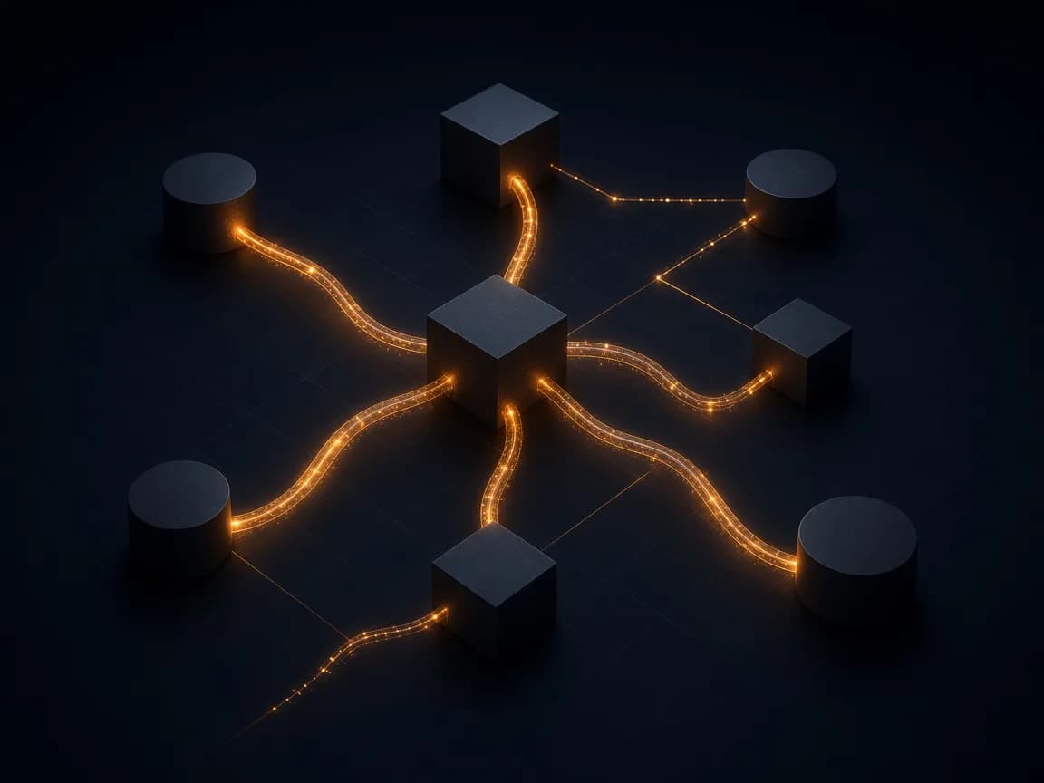 Isometric network of dark blocks connected by glowing amber data tubes