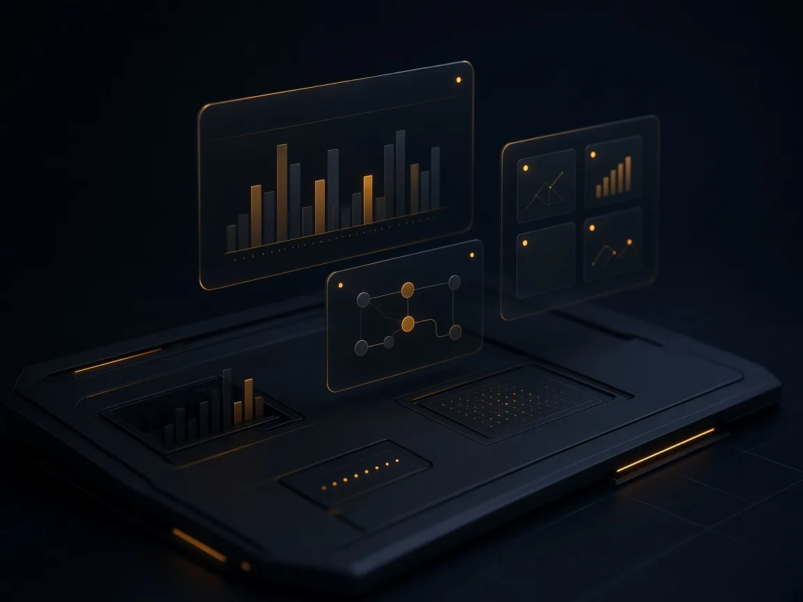 Dark control console with floating panels showing charts and a workflow diagram