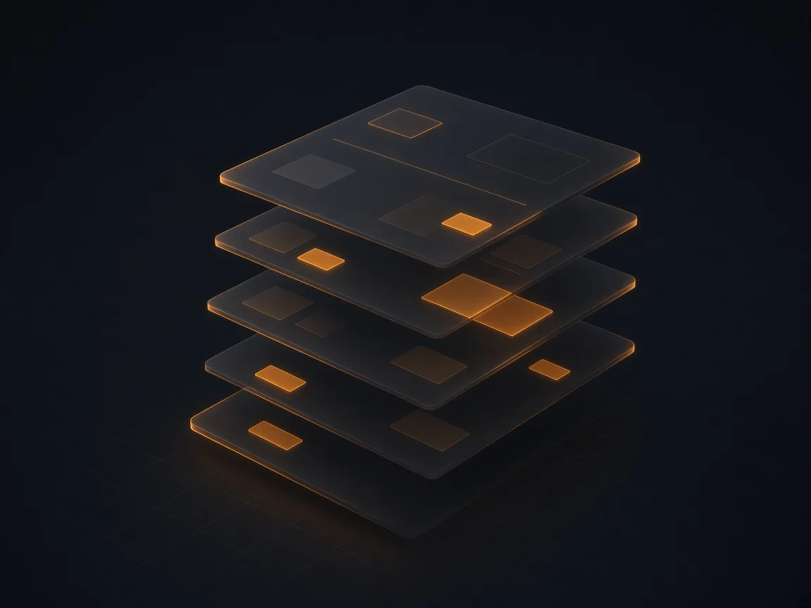 Layered application panels rendered in dark glass with amber highlights