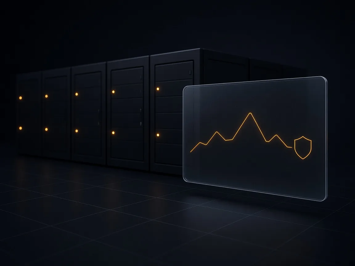 Row of dark server modules with amber status lights and a monitoring panel