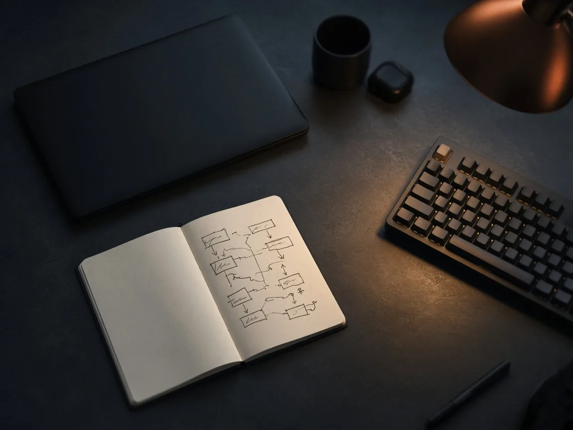 A desk at night with a notebook of system diagrams, a keyboard, and a warm desk lamp